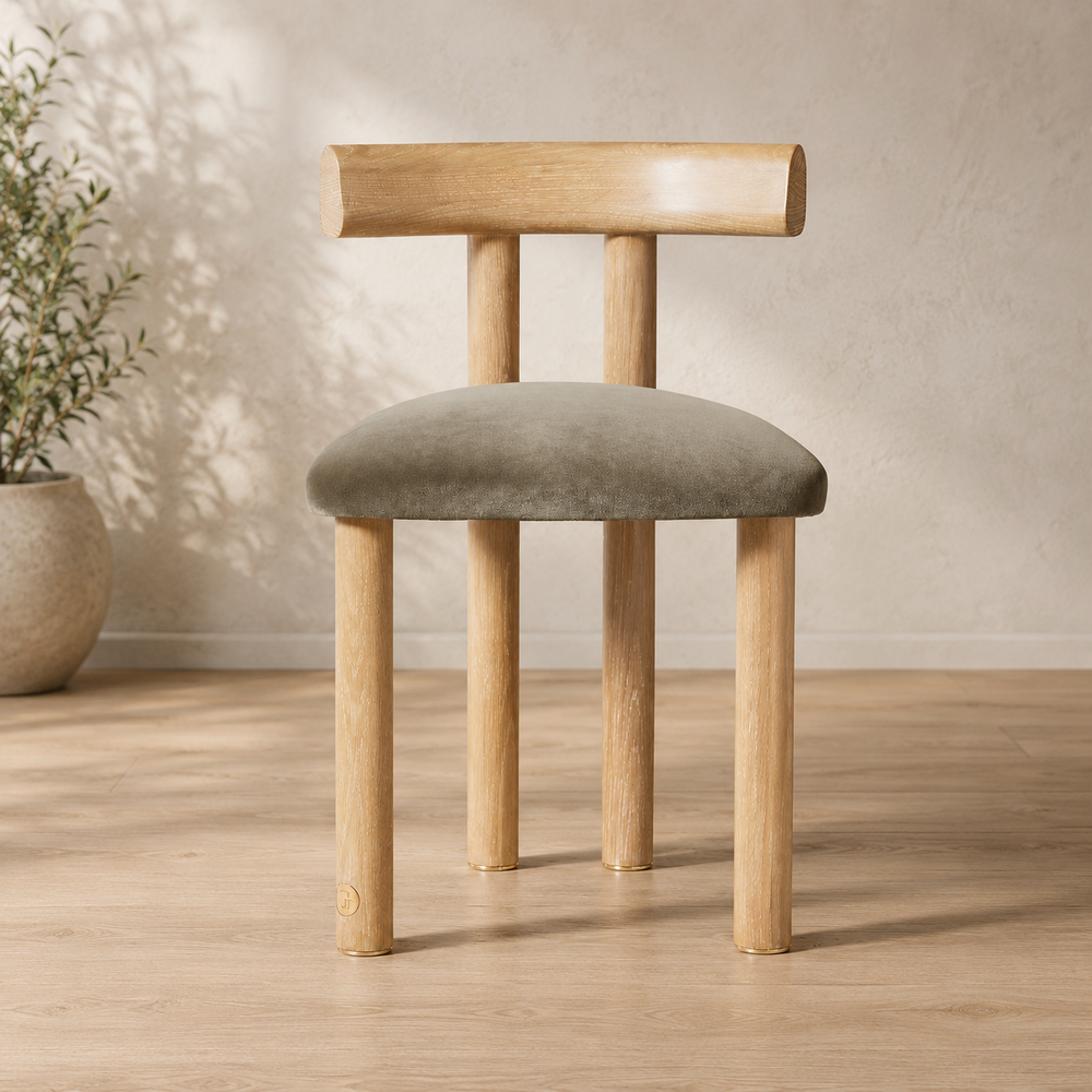 Modern teak wood upholstered dining chair with grey cushion