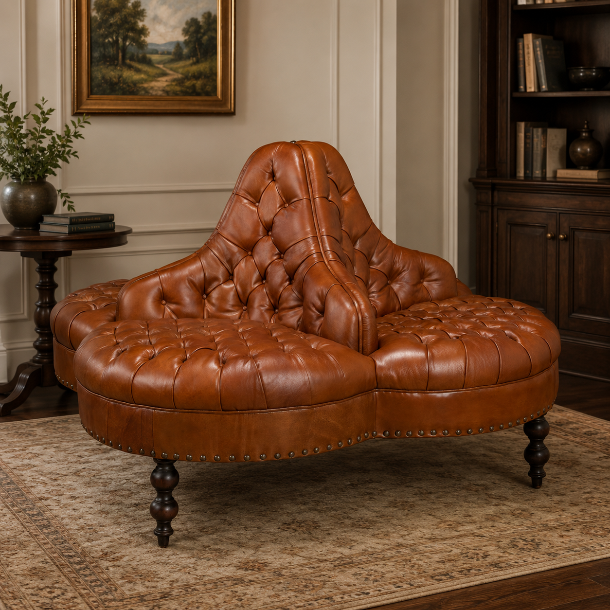 Premium teak wood double lounge chair with tufted leather upholstery