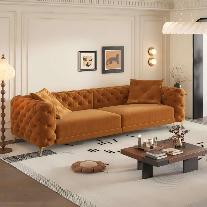 Contemporary velvet Chesterfield sofa with footrest