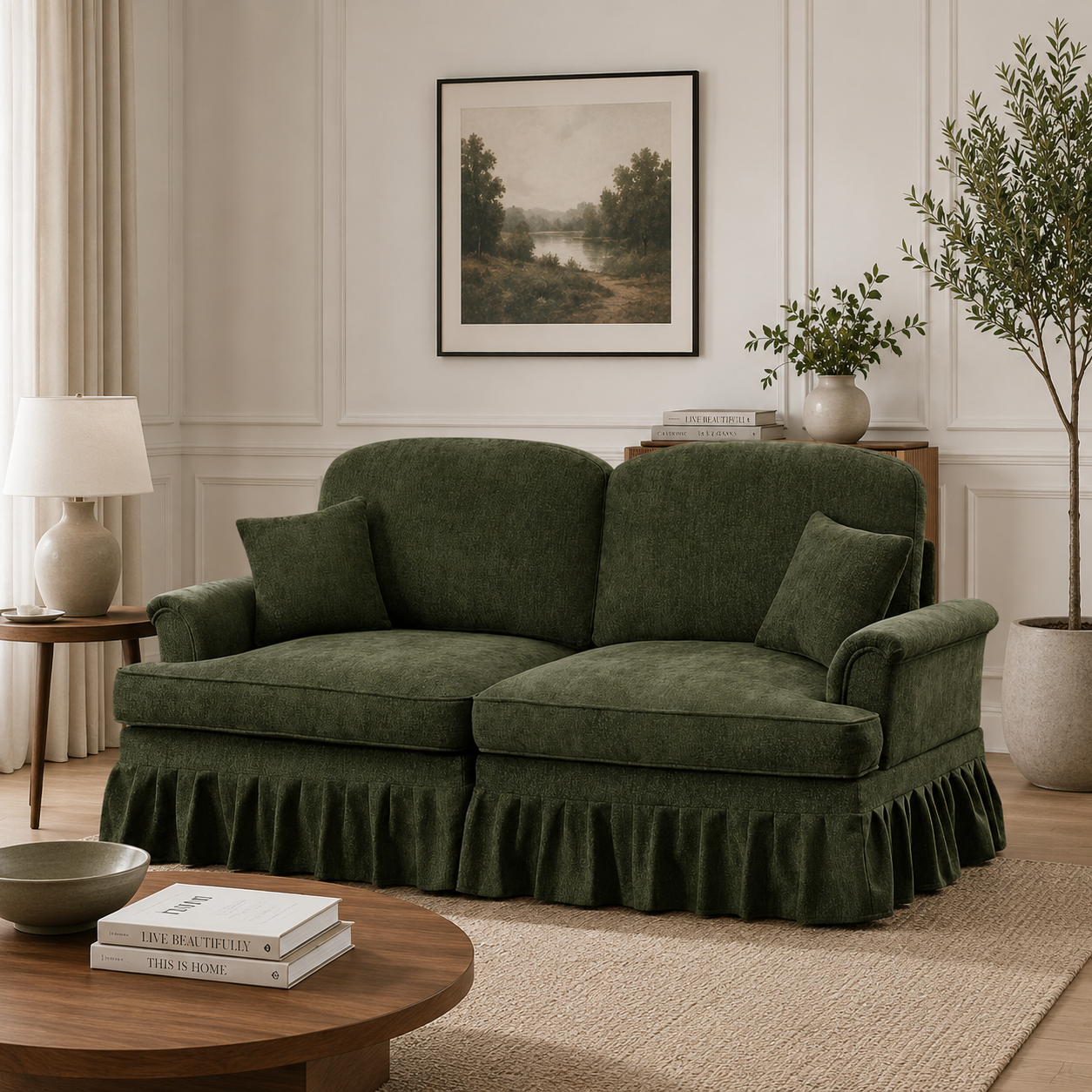 Luxury 2 seater teak wood sofa with olive green fabric