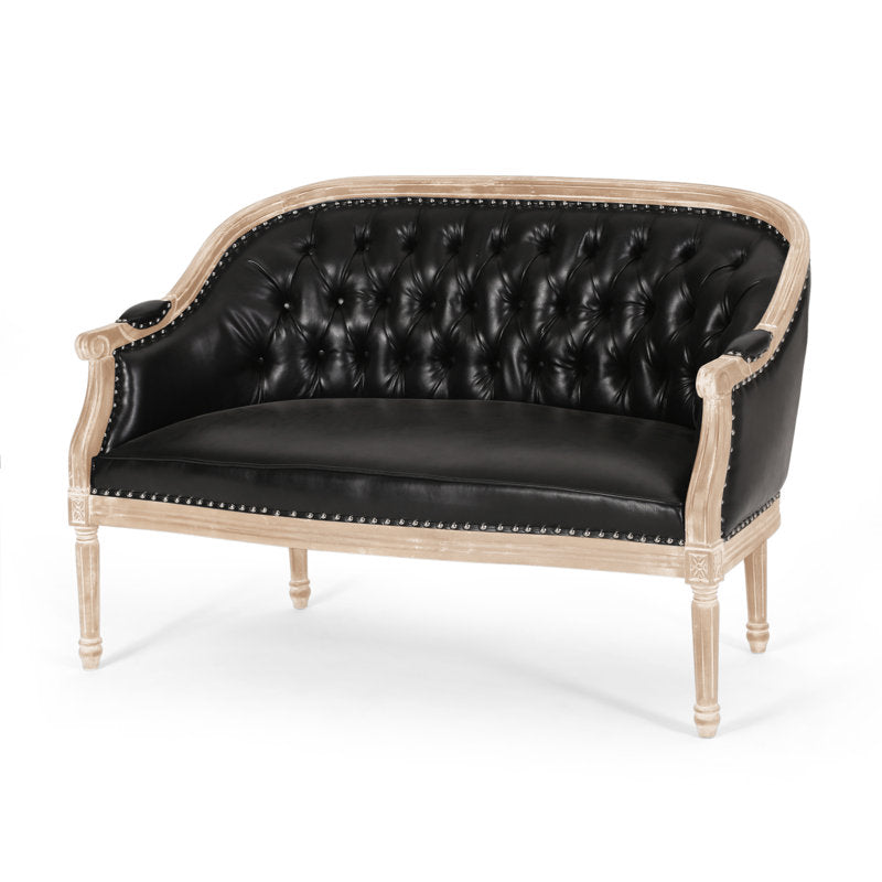 Solid teak wood Chesterfield loveseat sofa in black upholstery