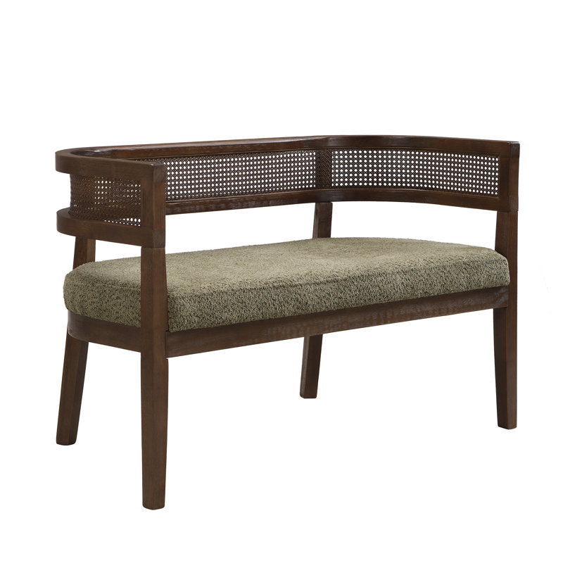 Luxury Teak Wood 2 Seater Sofa Chair with Boucle Fabric Upholstery & Cane Back | Designer Wooden Sofa