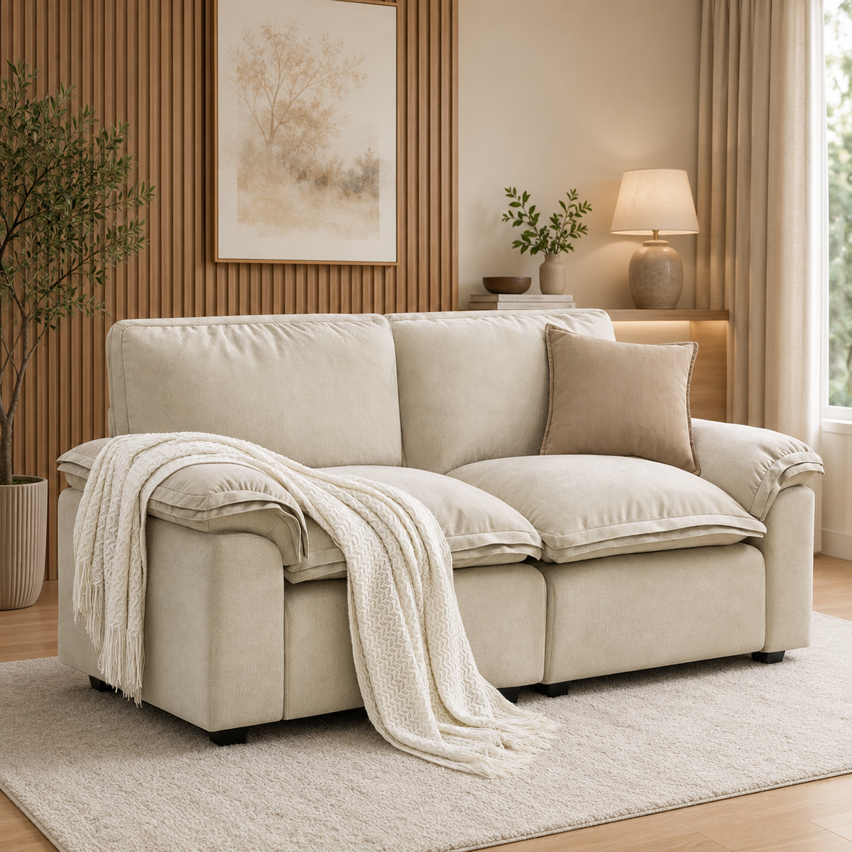 Cream fabric sofa with solid teak wood frame in luxury living room