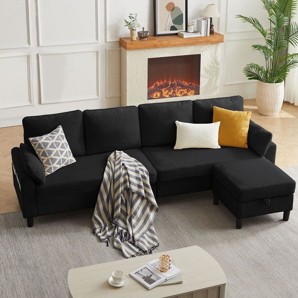 Contemporary sectional sofa with chaise lounge in black fabric