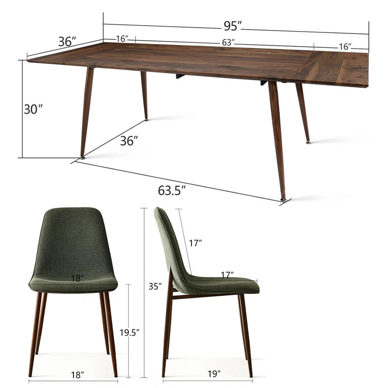 rectangular dining table with green fabric chairs