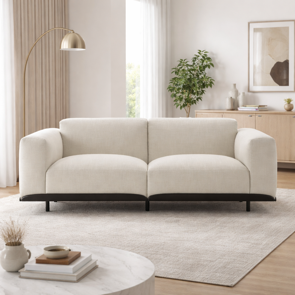 Modern beige sofa with solid teak wood frame
