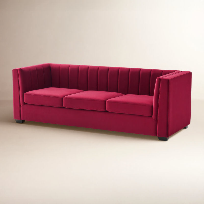 Modern channel tufted velvet sofa with solid teak wood frame