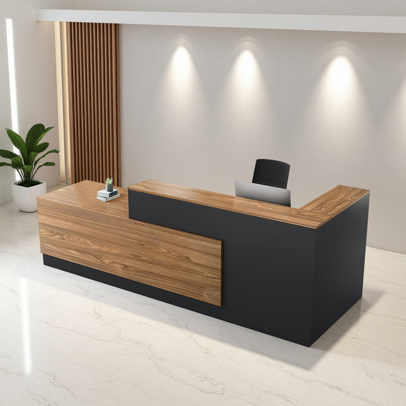 L shaped wooden reception desk for clinic and salon