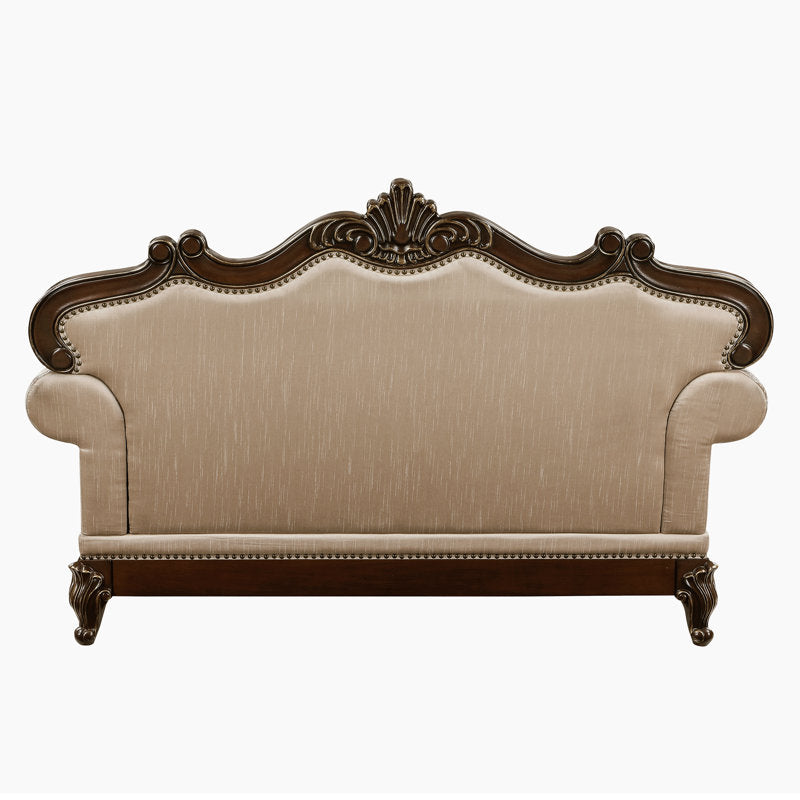 Royal style teak wood 2 seater sofa with luxury fabric cushions