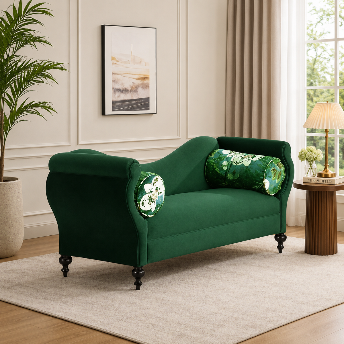 Emerald green teak wood chaise lounge sofa for modern living room