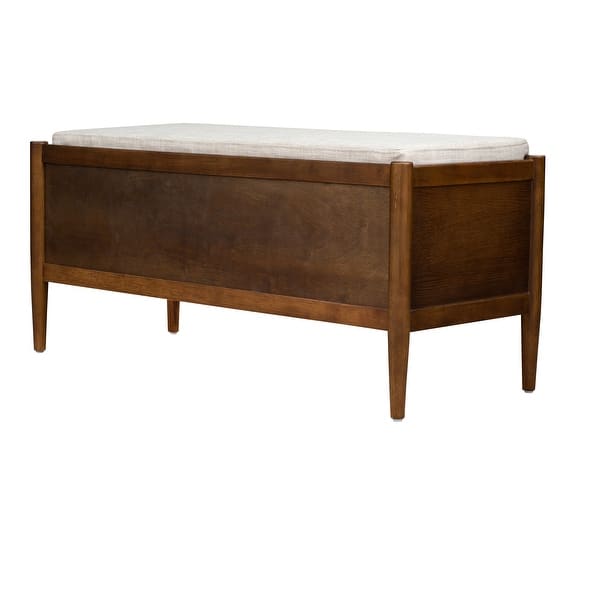 Wooden storage bench with upholstered seating cushion