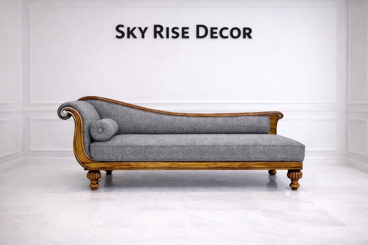 Antique style Victorian chaise lounge couch with decorative wooden carving
