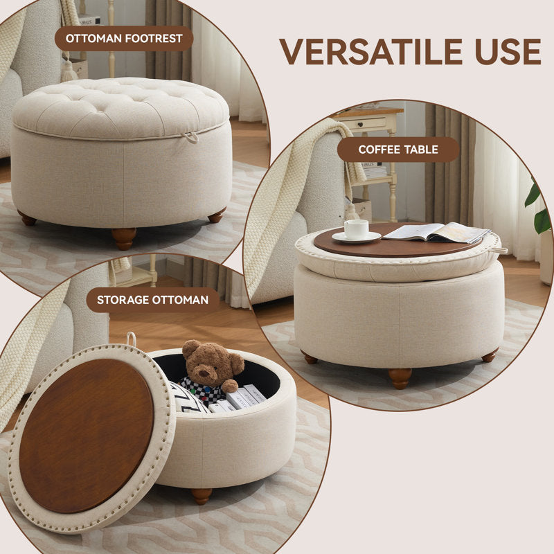 Hidden storage ottoman with removable teak wood tray