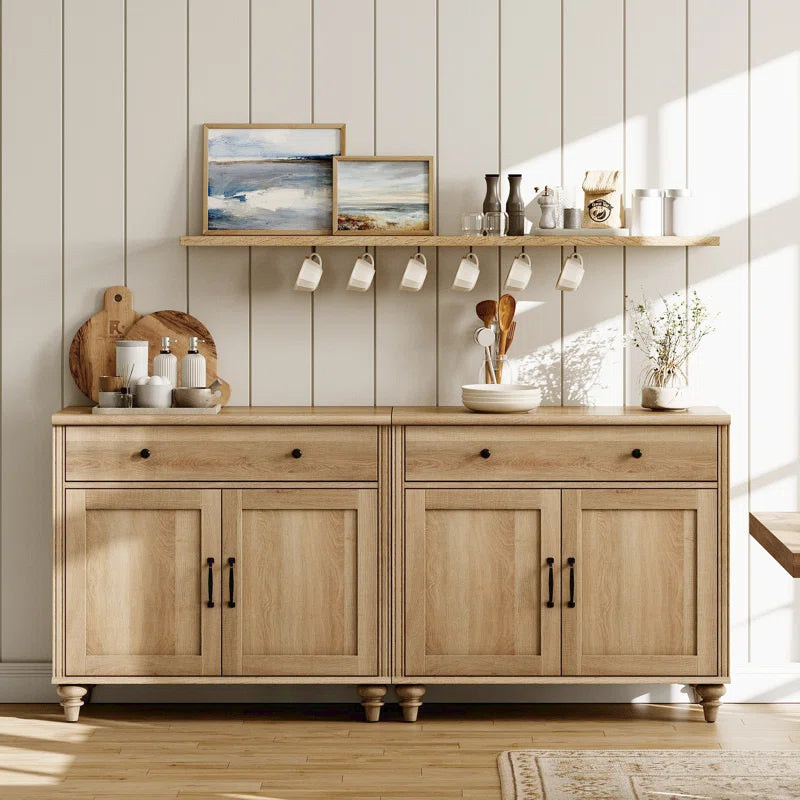 Oak buffet cabinet with black handles and storage