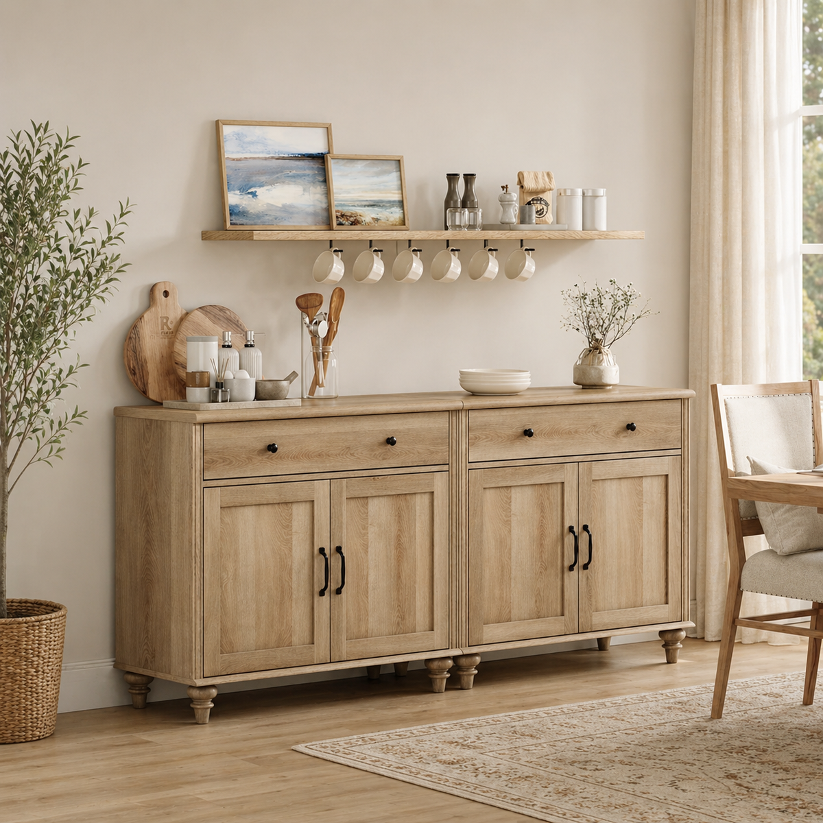 Farmhouse sideboard buffet cabinet in natural oak finish