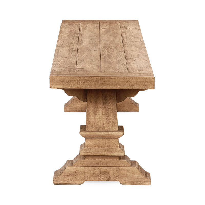 Rustic teak wood dining table set with sideboard and neutral décor accents