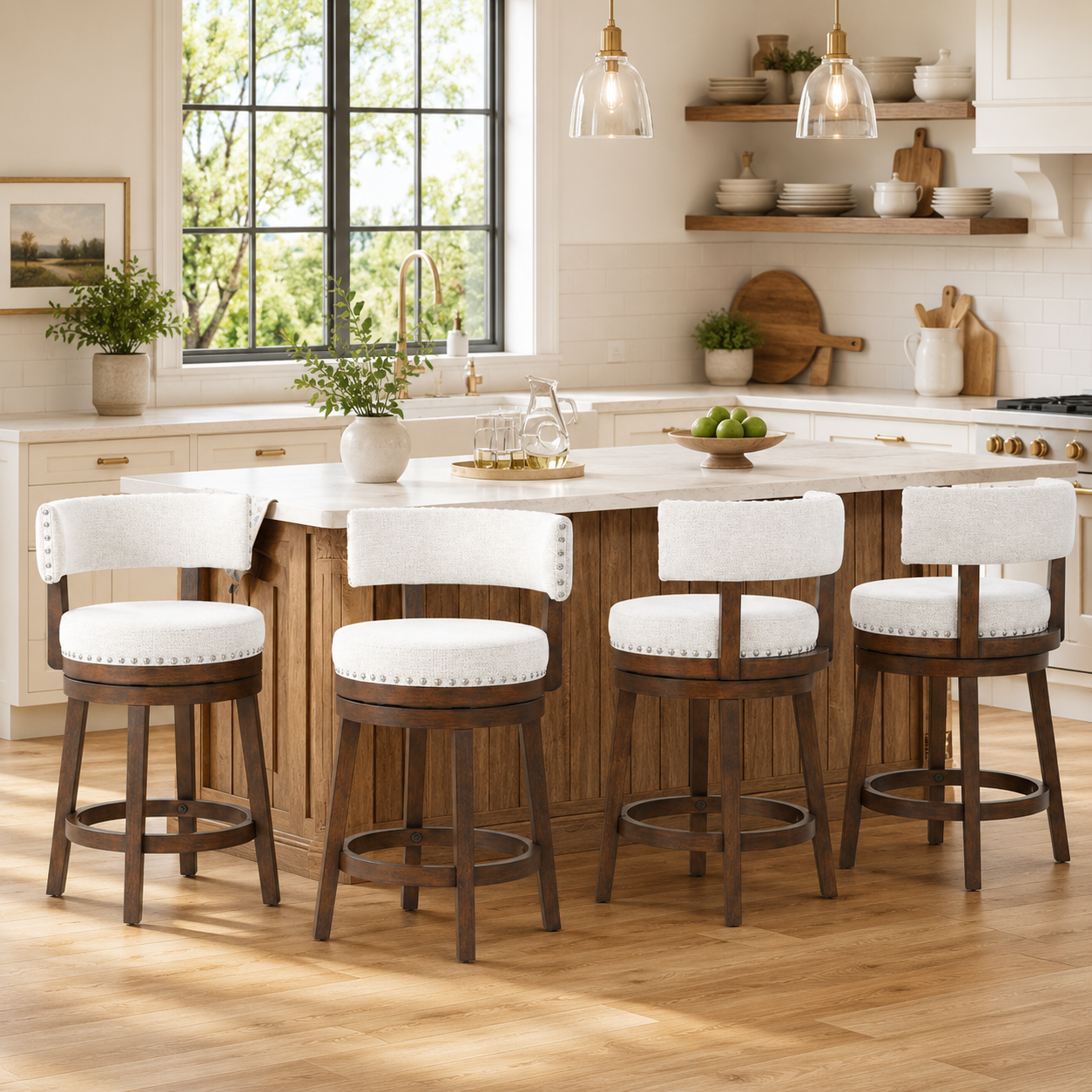 Solid teak wood swivel bar stools with cream upholstered seats around kitchen island