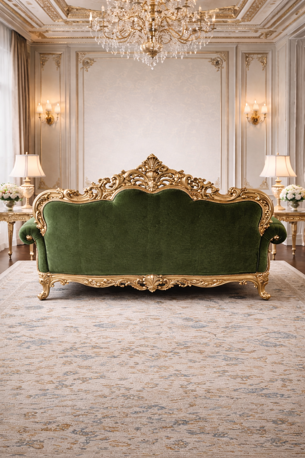 Luxurious Royal Green Velvet 3 Seater Sofa with Golden Carving – Premium Living Room Furniture