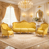 Antique Royal Luxury Hand-Carved Wooden Sofa Set (3+1+1) – Yellow Fabric & Gold Finish