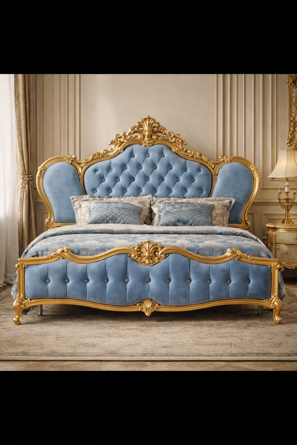 Luxury King Size Bed with Hand-Carved Gold Frame & Tufted Velvet Upholstery – Solid Wood Palace Design