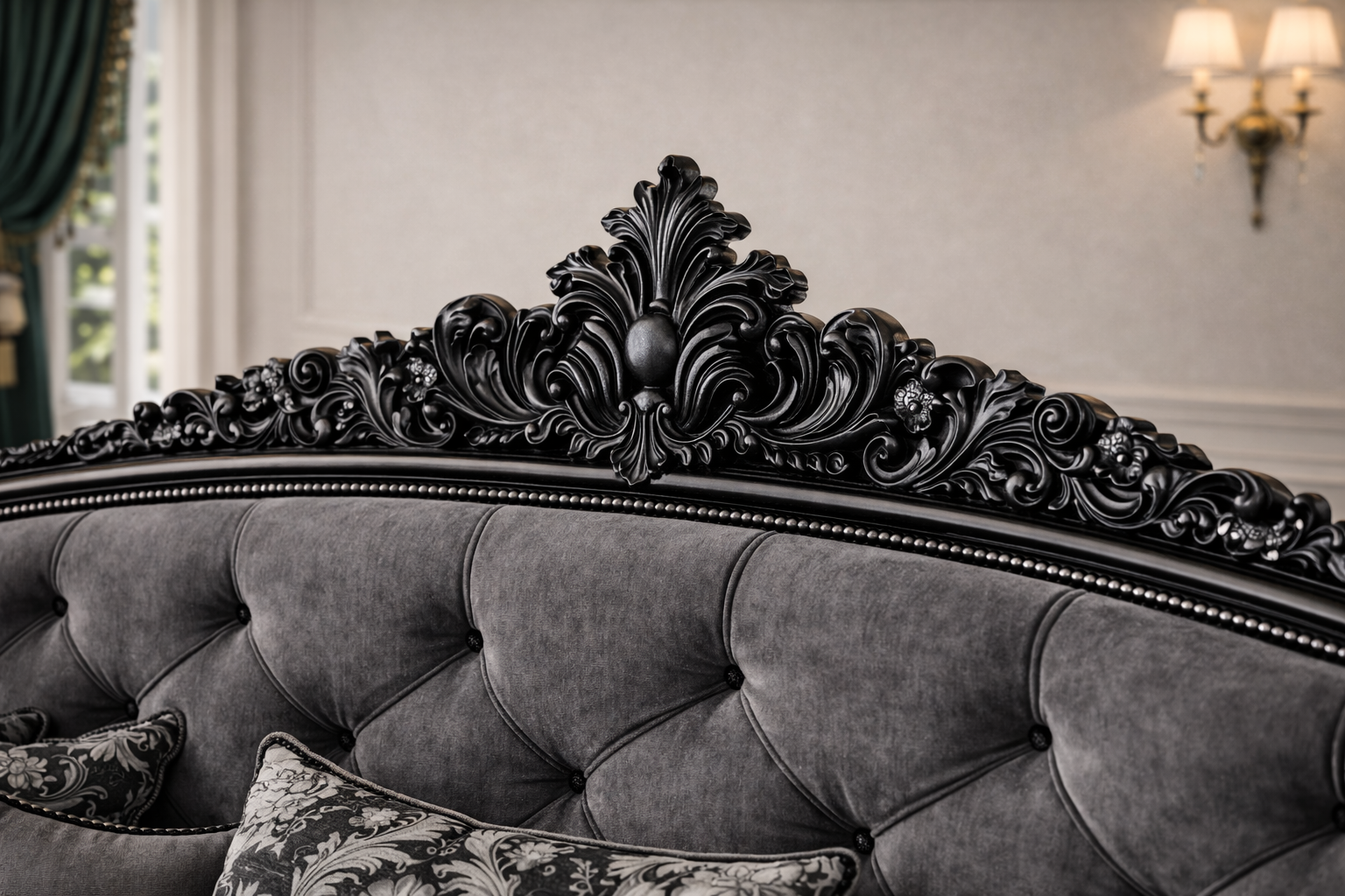 Luxury Royal Classic 3 Seater Sofa | Black Carved Frame Grey Upholstery