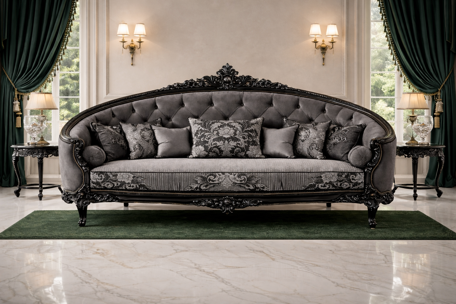 Luxury Royal Classic 3 Seater Sofa | Black Carved Frame Grey Upholstery