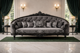 Luxury Royal Classic 3 Seater Sofa | Black Carved Frame Grey Upholstery
