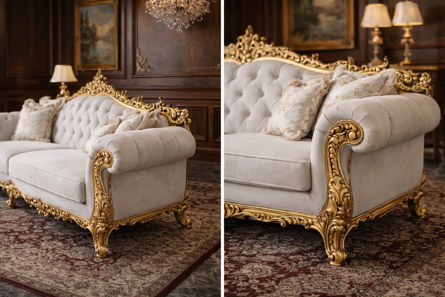 Luxury Royal Classic 3 Seater Sofa | Gold Carved White Upholstery