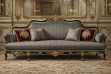 Handcrafted Royal Black Gold Carved 3 Seater Sofa in Premium Grey Fabric