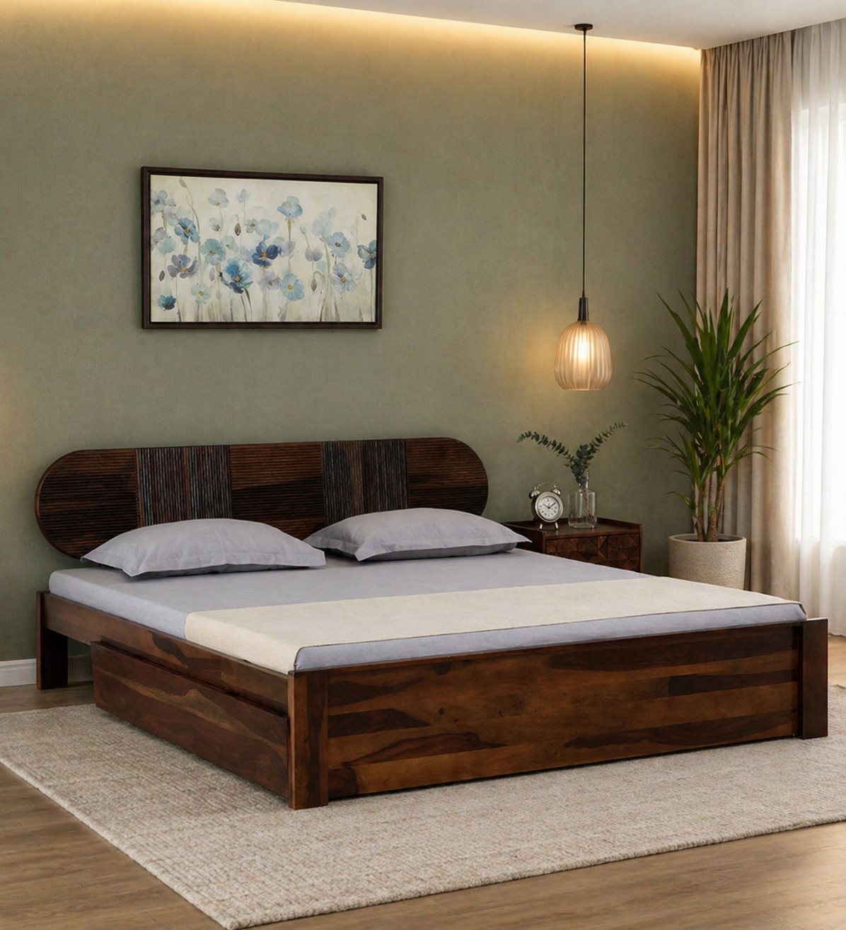 Modern Wooden Platform Bed with Designer Headboard | Sky Rise Decor Solid Wood Bed