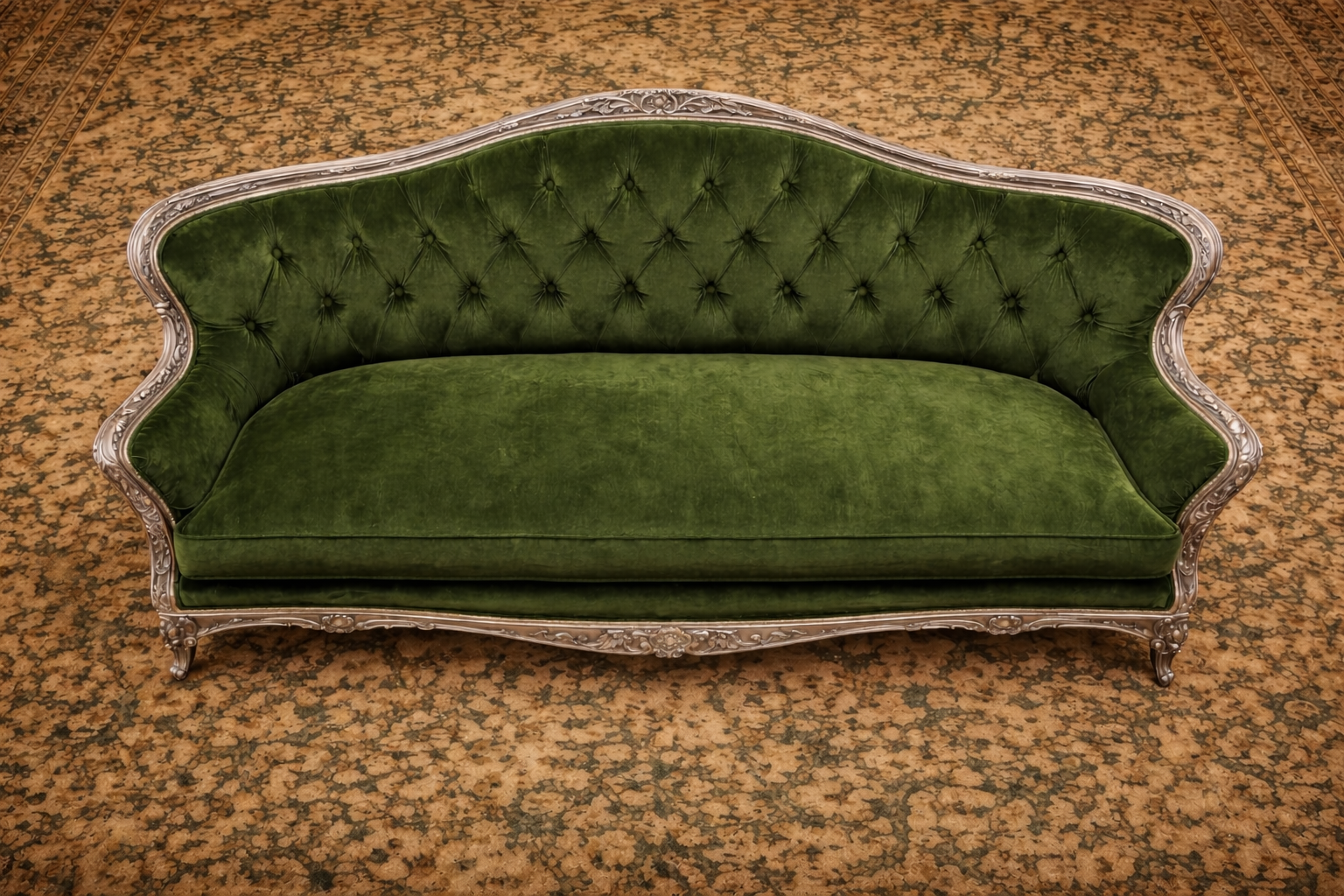 Royal Emerald Velvet Hand-Carved Wooden 3 Seater Sofa – Antique Silver Finish