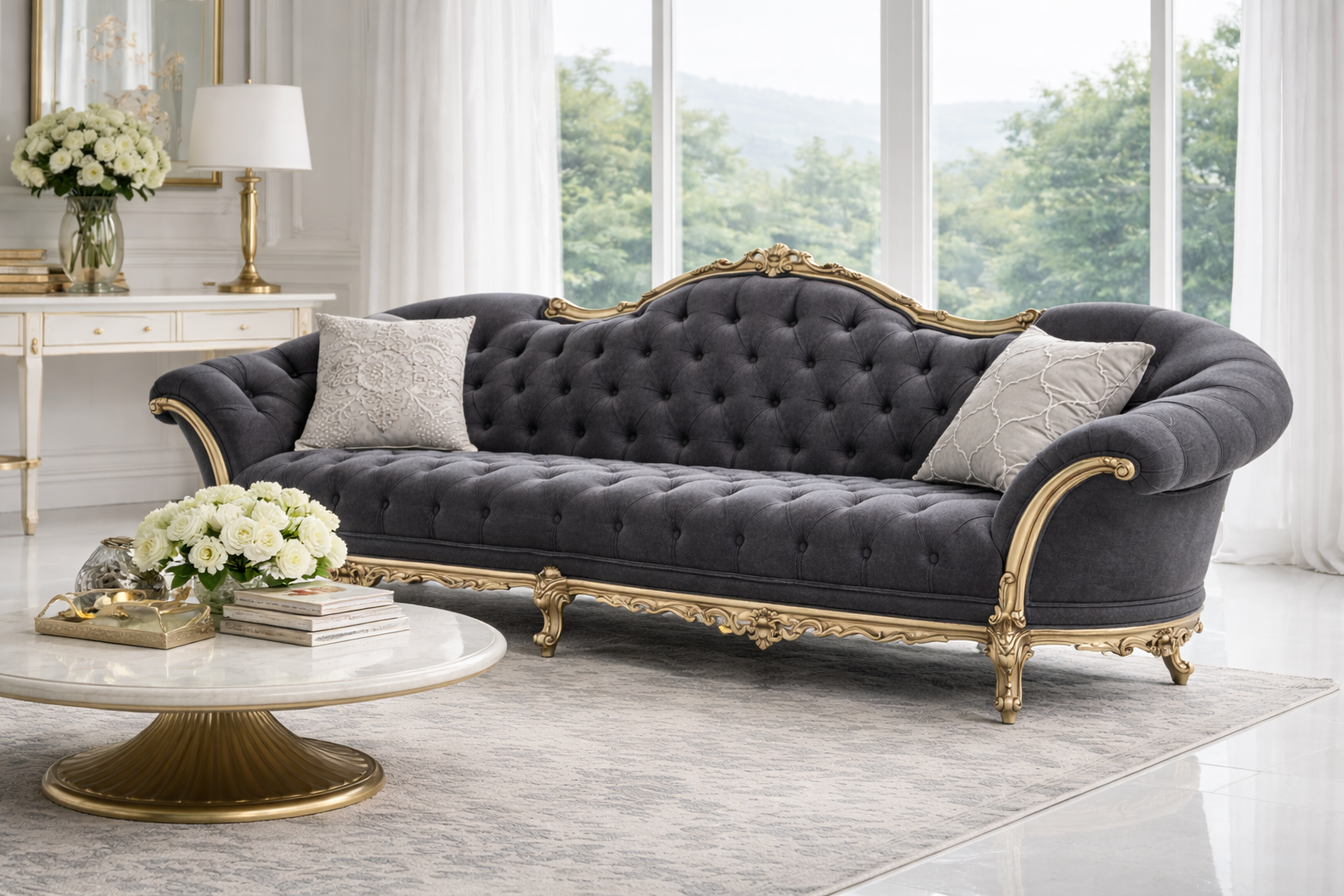Luxury Royal Classic 3 Seater Sofa | Grey Tufted Upholstery with Gold Carved Wooden Frame
