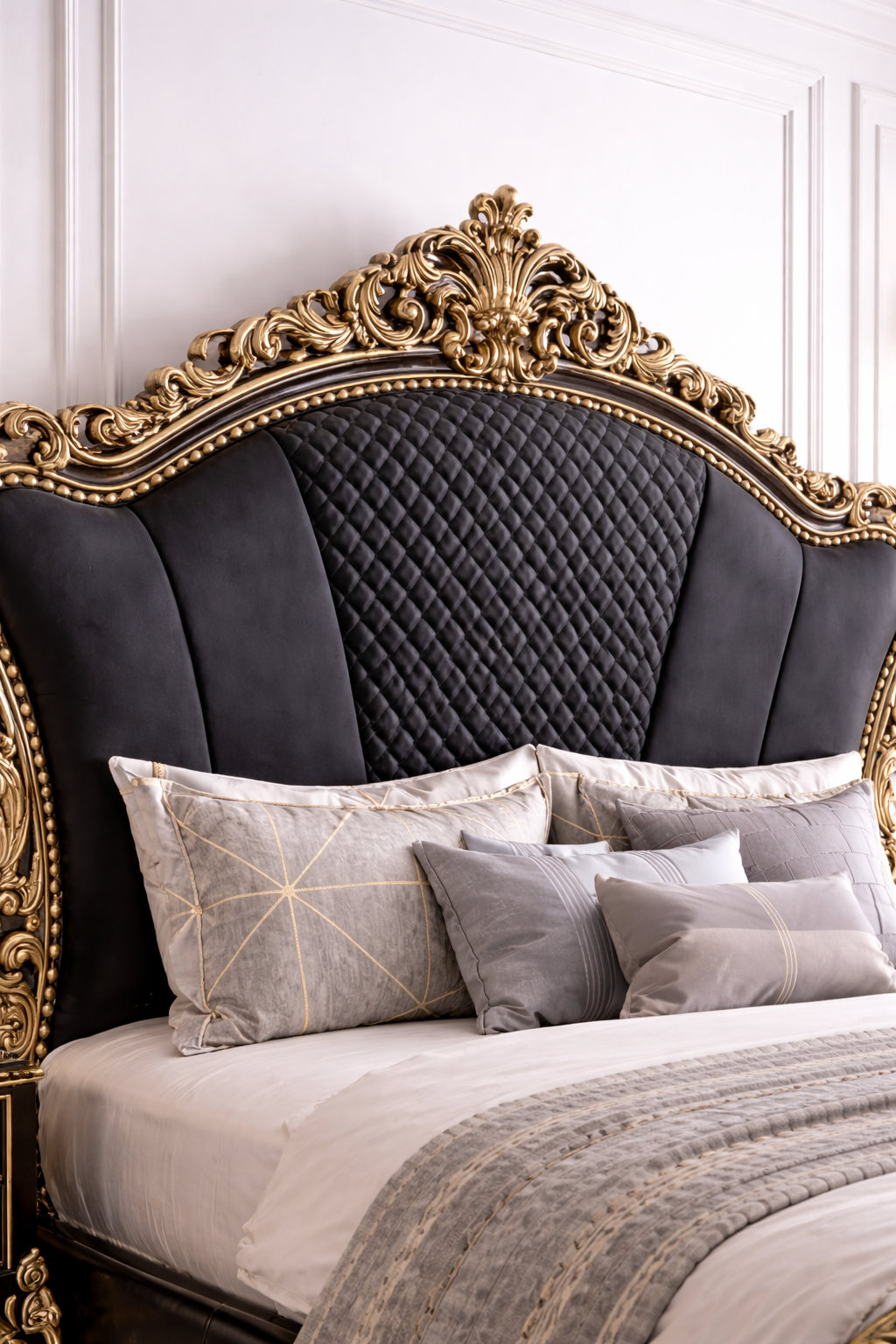 Luxury Black & Gold Royal Upholstered Bed – Hand Carved Designer Solid Wood Bed Frame | Antique Bedroom Furniture