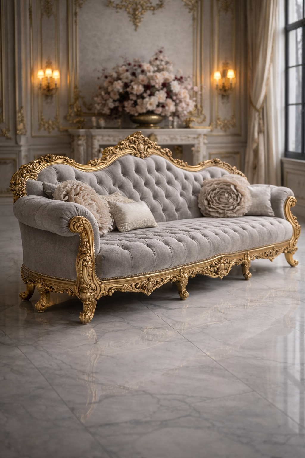 Luxury Royal Classic 4 Seater Sofa | Gold Carved Frame with Beige Tufted Upholstery