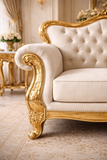 Antique Royal Luxury Hand-Carved Wooden 3 Seater Sofa – Cream Tufted Fabric & Gold Finish