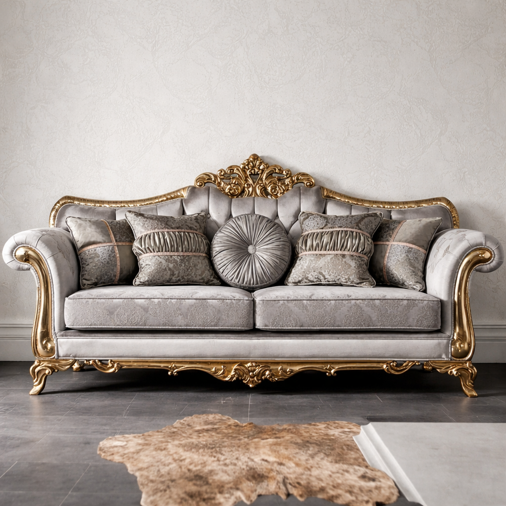 Sky Rise Decor Luxury Hand Carved 3 Seater Sofa Royal Sofa Set – Grey Fabric with Golden Polish For Your Luxurious Villa