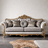 Sky Rise Decor Luxury Hand Carved 3 Seater Sofa Royal Sofa Set – Grey Fabric with Golden Polish For Your Luxurious Villa