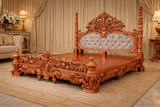 Hand Carved Luxury Solid Wood Bed – Royal Antique Finish Designer Bed Frame for Export | Premium Antique Bed