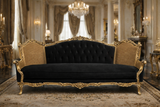Antique Royal Luxury Hand-Carved Wooden 3 Seater Sofa – Black Fabric & Gold Finish