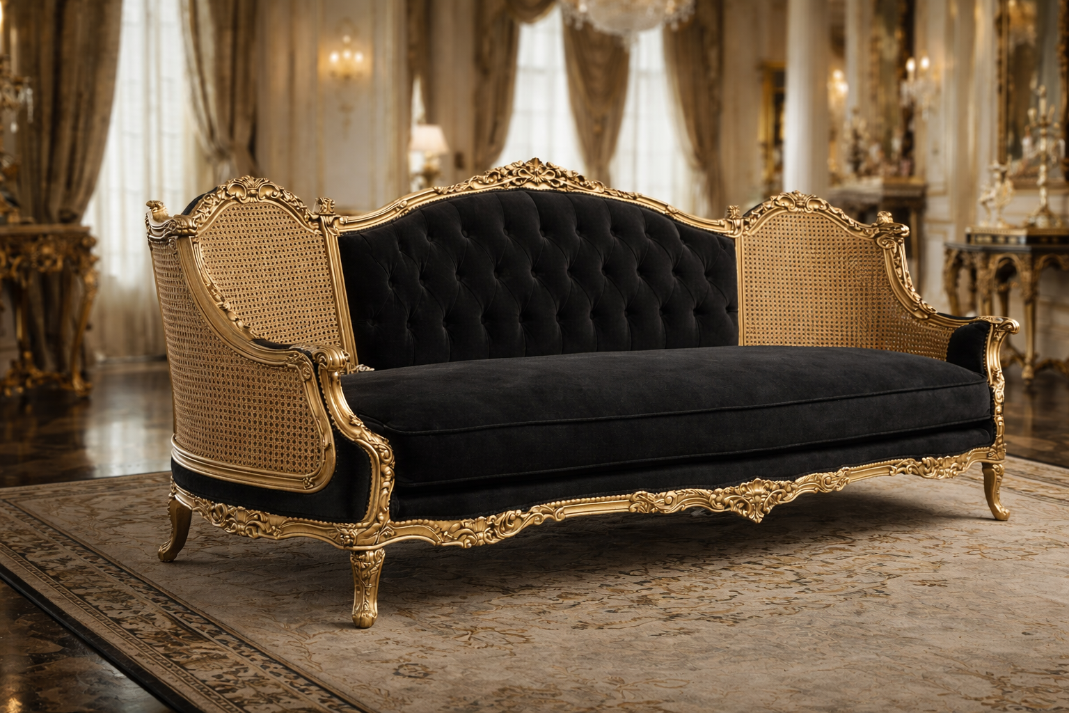 Antique Royal Luxury Hand-Carved Wooden 3 Seater Sofa – Black Fabric & Gold Finish