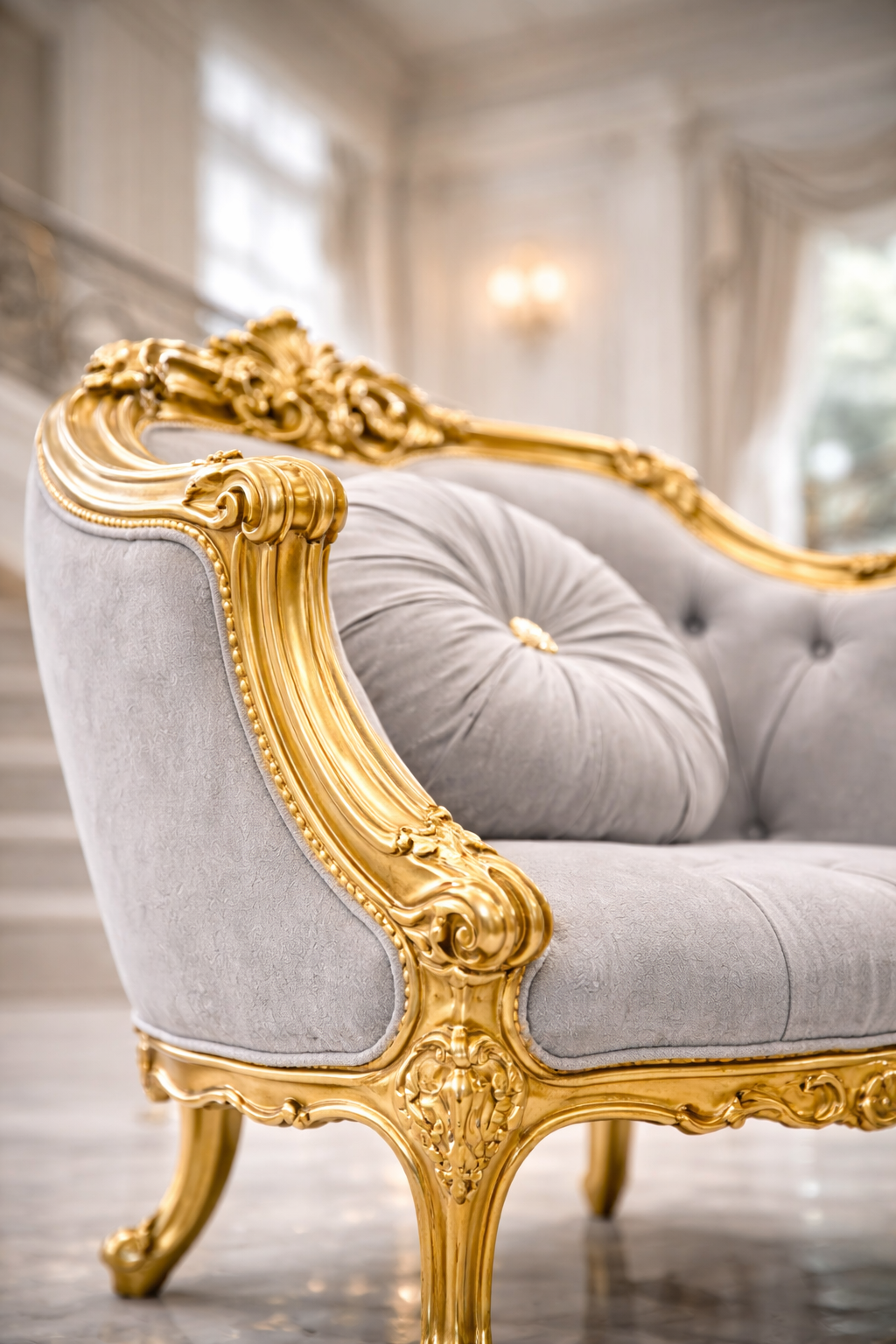 Luxury 3+1+1 Royal Sofa Set in Grey & Gold | Hand Carved Wooden Living Room Furniture