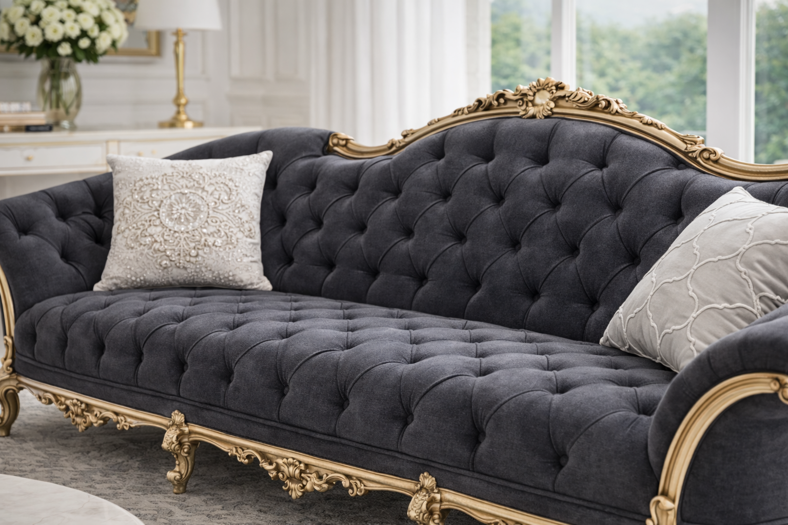 Luxury Royal Classic 3 Seater Sofa | Grey Tufted Upholstery with Gold Carved Wooden Frame