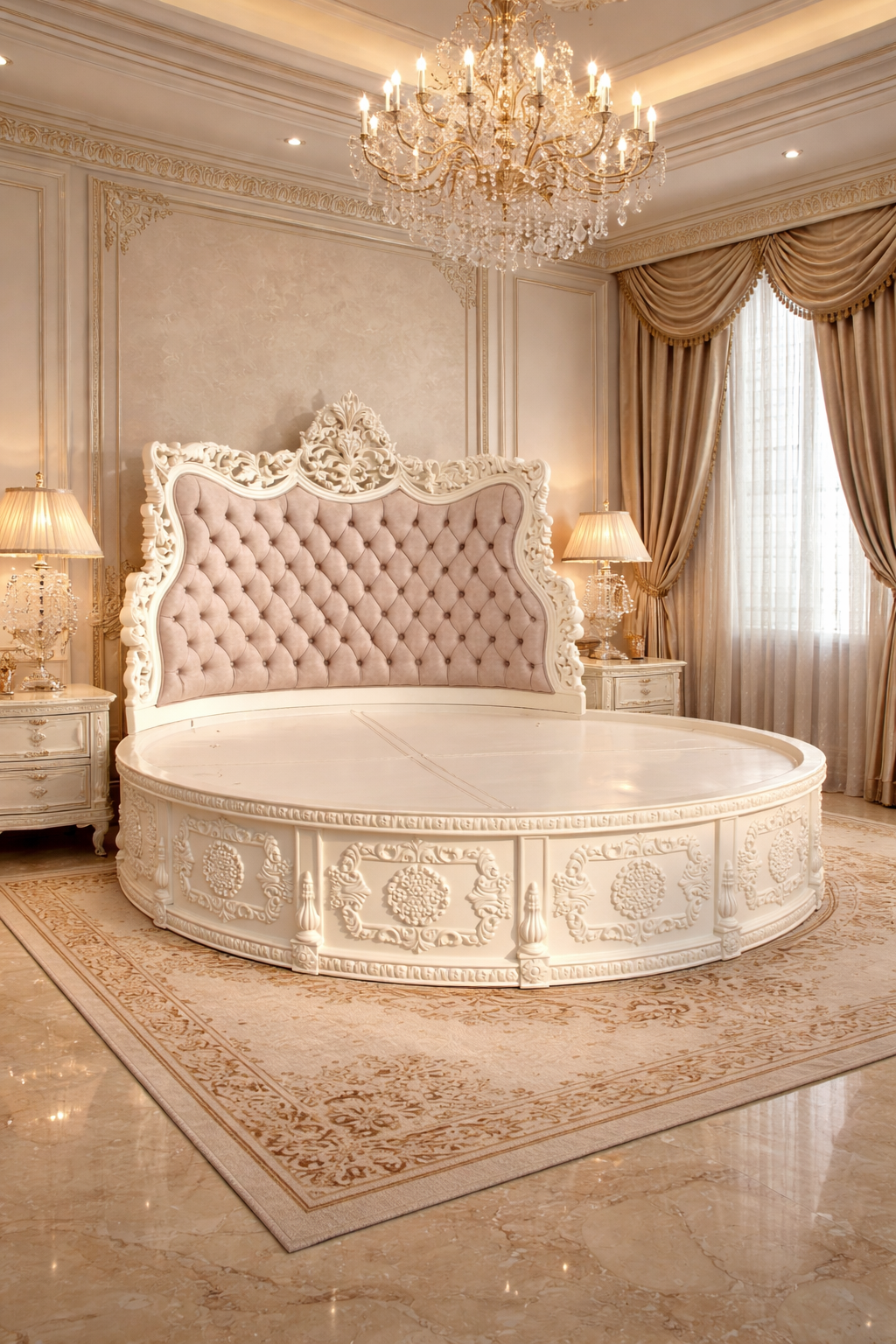 Luxury Round Solid Wood Bed with Tufted Headboard – Royal Classic Designer Bedroom Furniture | Premium Antique Bed
