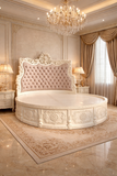 Luxury Round Solid Wood Bed with Tufted Headboard – Royal Classic Designer Bedroom Furniture | Premium Antique Bed