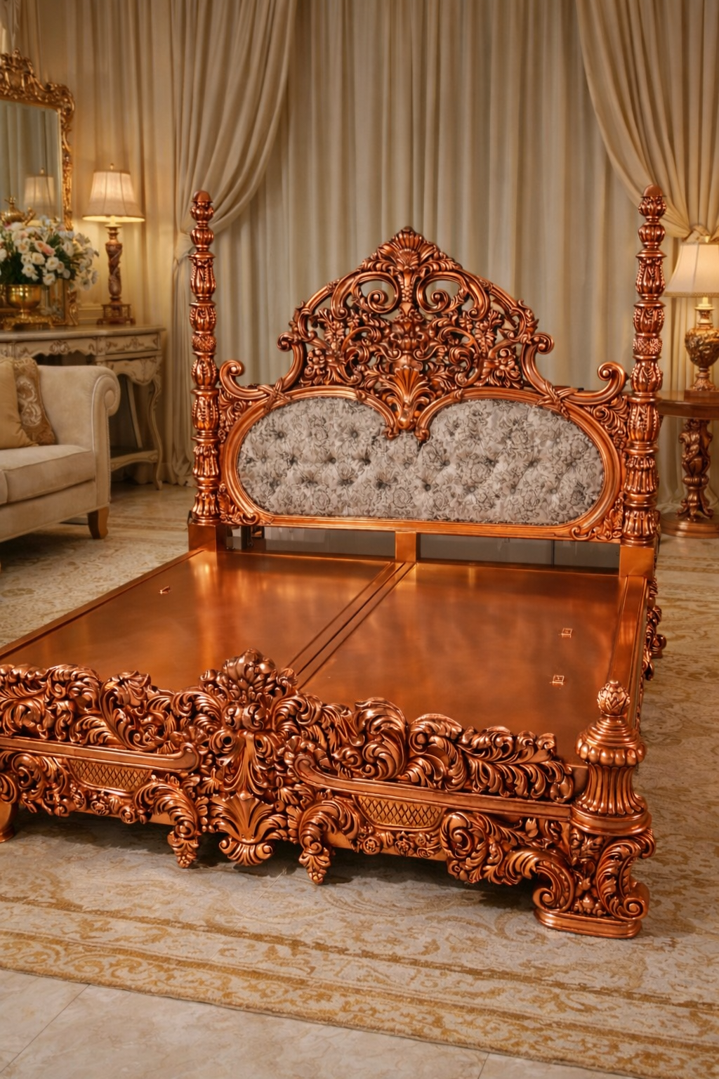 Hand Carved Luxury Solid Wood Bed – Royal Antique Finish Designer Bed Frame for Export | Premium Antique Bed