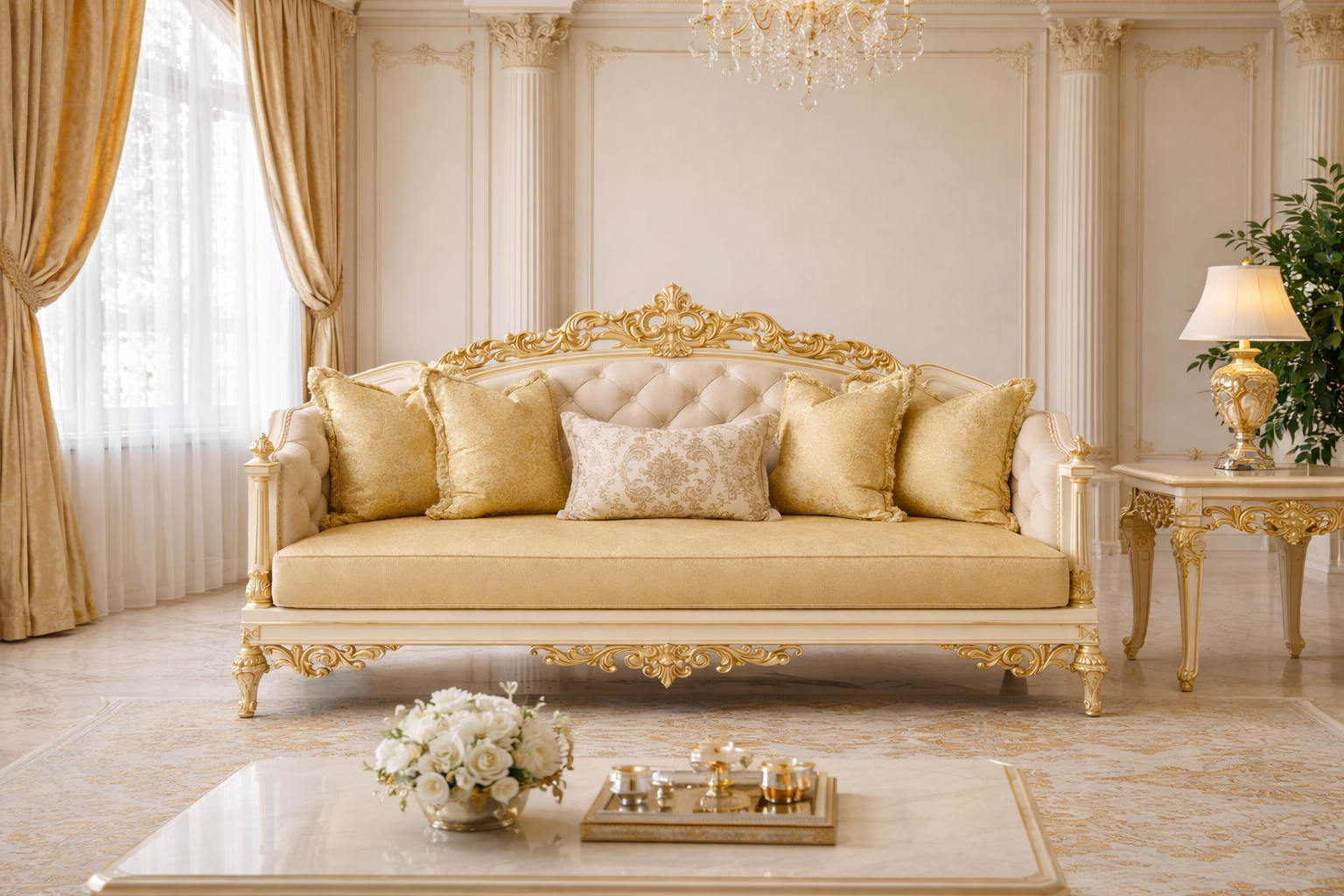 Luxury Royal Classic 3 Seater Sofa | Gold Carved Cream Upholstery