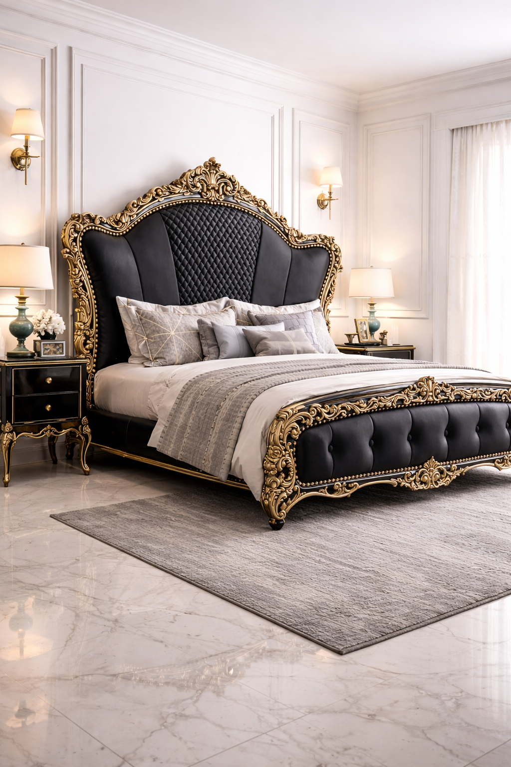 Luxury Black & Gold Royal Upholstered Bed – Hand Carved Designer Solid Wood Bed Frame | Antique Bedroom Furniture