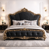Luxury Black & Gold Royal Upholstered Bed – Hand Carved Designer Solid Wood Bed Frame | Antique Bedroom Furniture