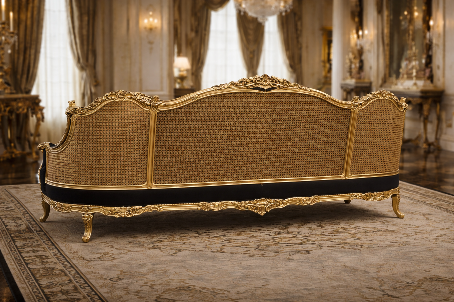 Antique Royal Luxury Hand-Carved Wooden 3 Seater Sofa – Black Fabric & Gold Finish