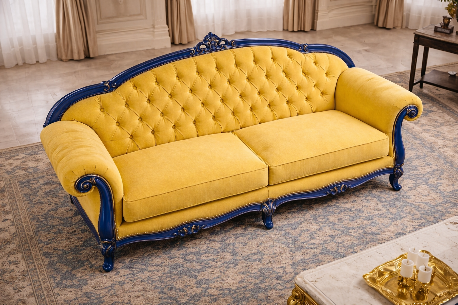 An Icon of Royal Living – Luxury Yellow & Blue 3 Seater Sofa